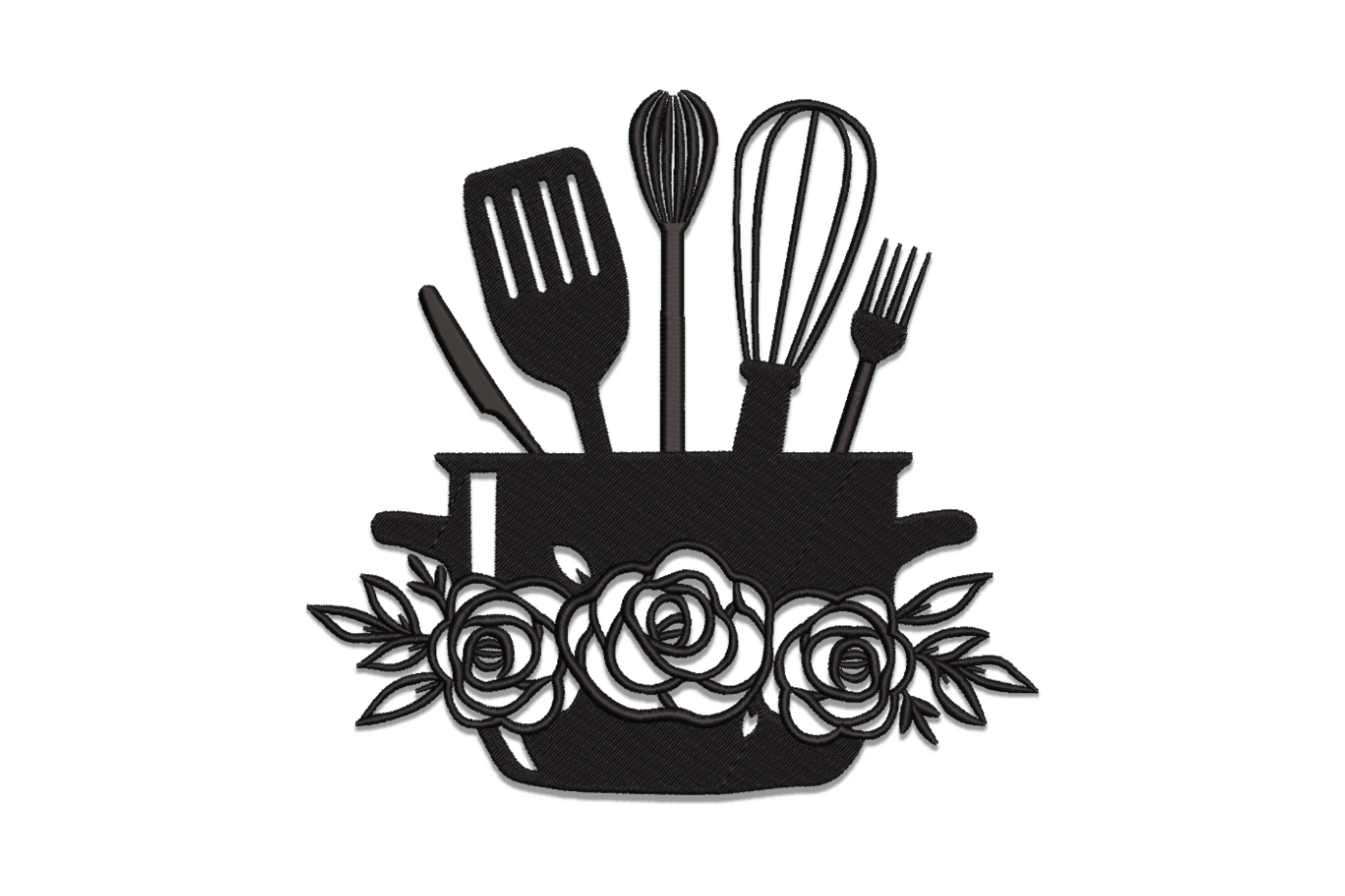 Kitchen pot embroidery design showing a solid black cooking pot with spatula, spoon, whisk and fork fanned out from the top, and three open-stitch roses with leaves wrapping the lower body.