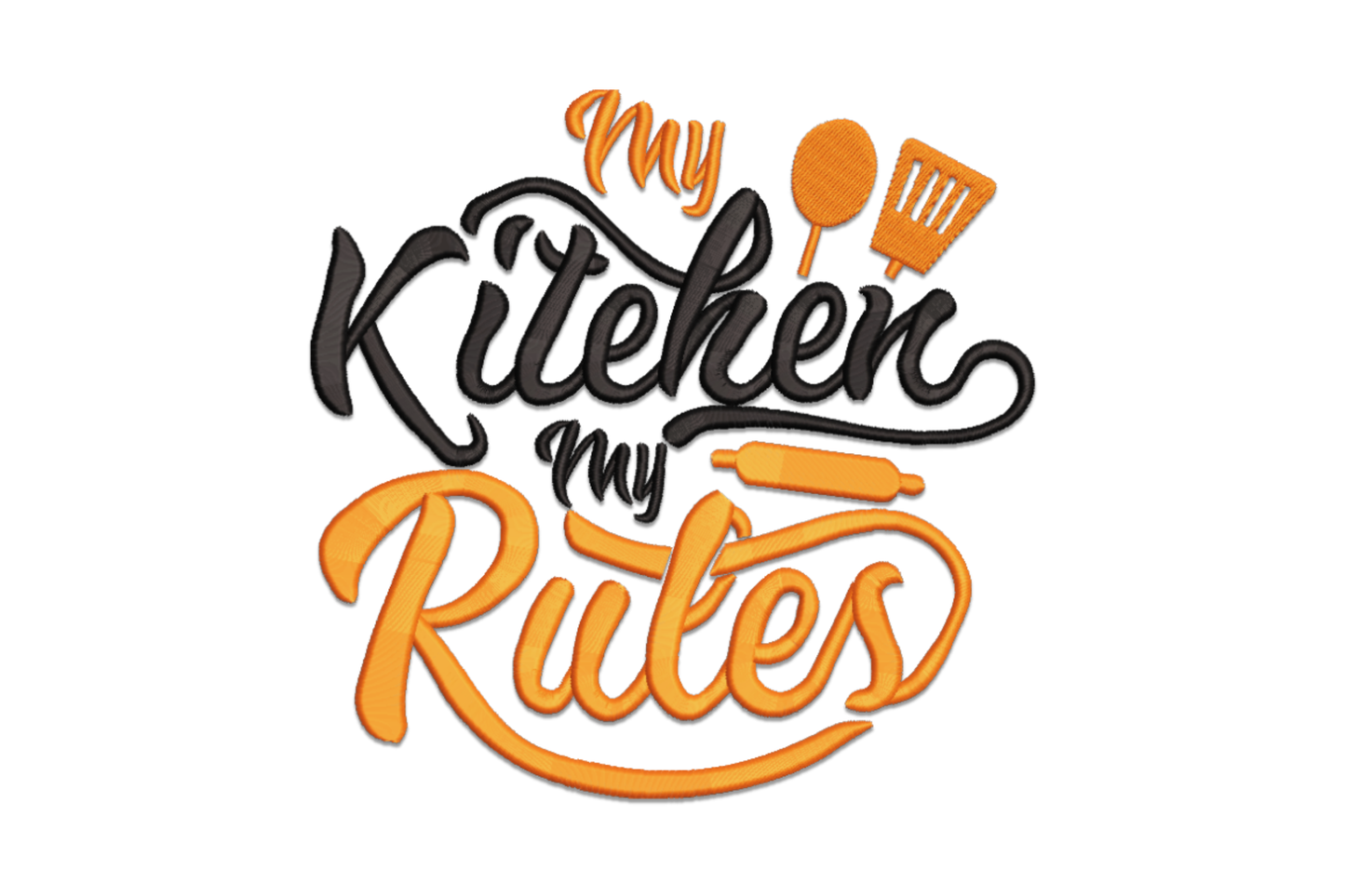 Kitchen quote typography embroidery design with stacked mixed lettering in charcoal and cream on a clean white background.