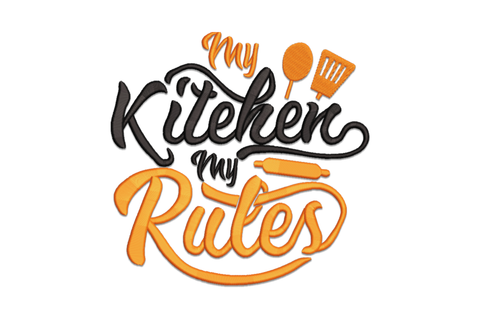 Kitchen quote typography embroidery design with stacked mixed lettering in charcoal and cream on a clean white background.