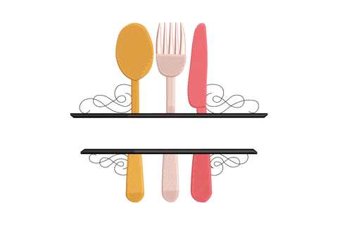 Kitchen shelf spoon fork knife embroidery design with decorative scroll brackets, showing utensils in orange and coral-pink thread on a black shelf bar.