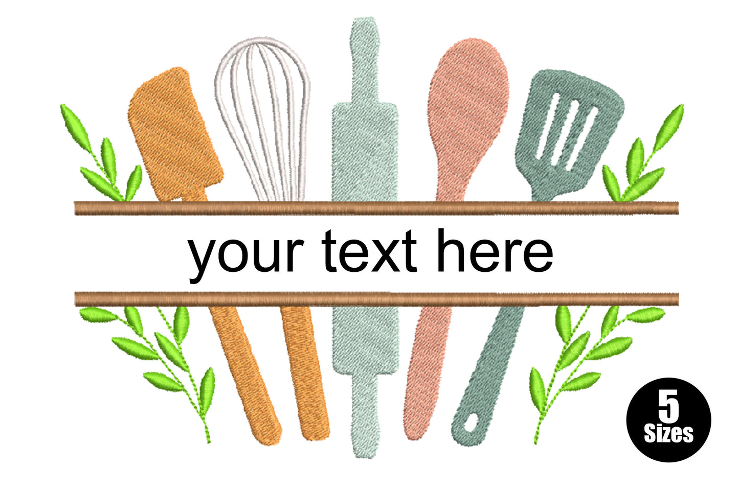 Kitchen utensils split frame embroidery, whisk, rolling pin and wooden spoon on a shelf with leaf sprigs and open name band.