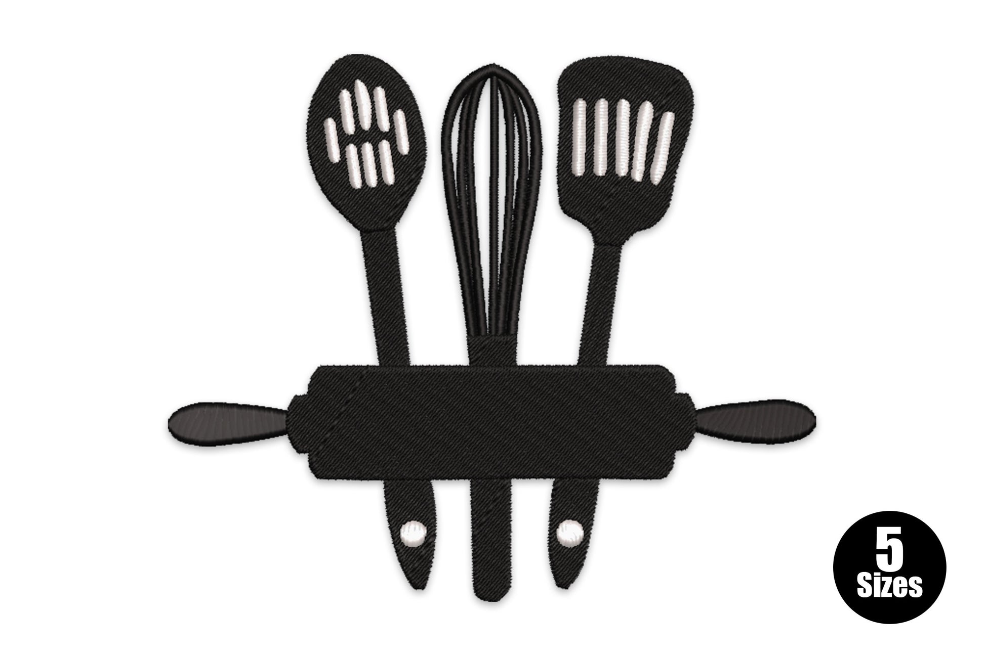Kitchen utensils embroidery design, slotted spoon, whisk and spatula fanned over a rolling pin, solid black silhouette.