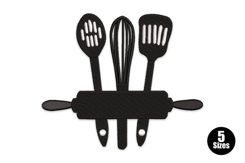 Kitchen utensils embroidery design, slotted spoon, whisk and spatula fanned over a rolling pin, solid black silhouette.