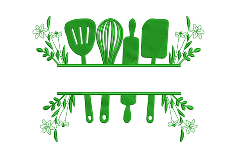 Kitchen utensils floral shelf embroidery in dark green, slotted spatula whisk rolling pin and scraper on a shelf framed by daisy flowers and leaf sprigs, single colour thread