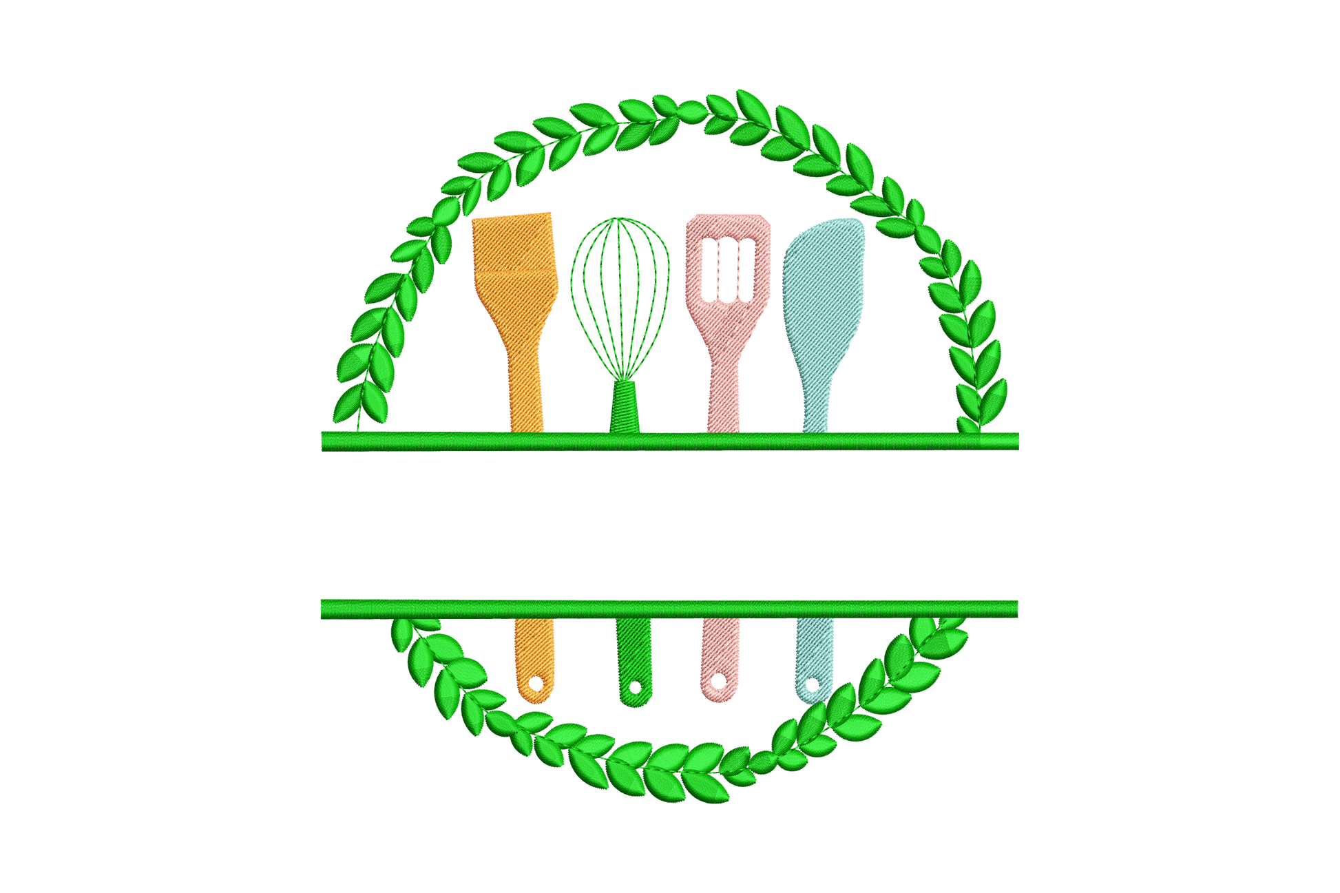 Kitchen utensils laurel wreath embroidery design with spatula, whisk and spoon inside a solid green olive-branch circle frame in mint, blush and orange thread.