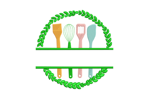 Kitchen utensils laurel wreath embroidery design with spatula, whisk and spoon inside a solid green olive-branch circle frame in mint, blush and orange thread.