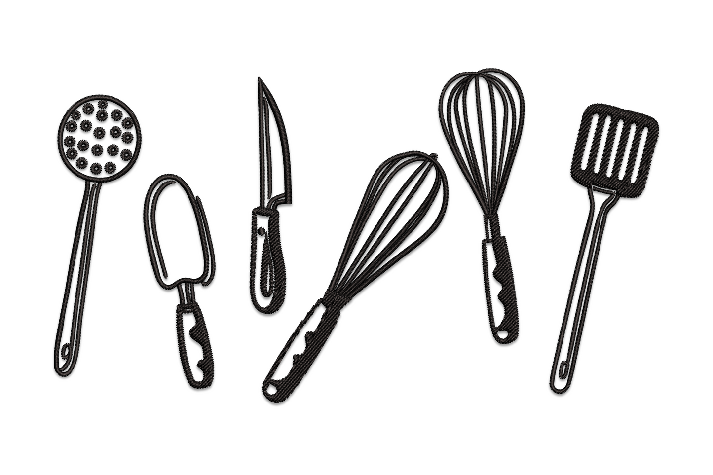 Row of five kitchen utensils sketched in black outline, slotted spoon, peeler, chef knife, balloon whisk and slotted spatula fanning from centre