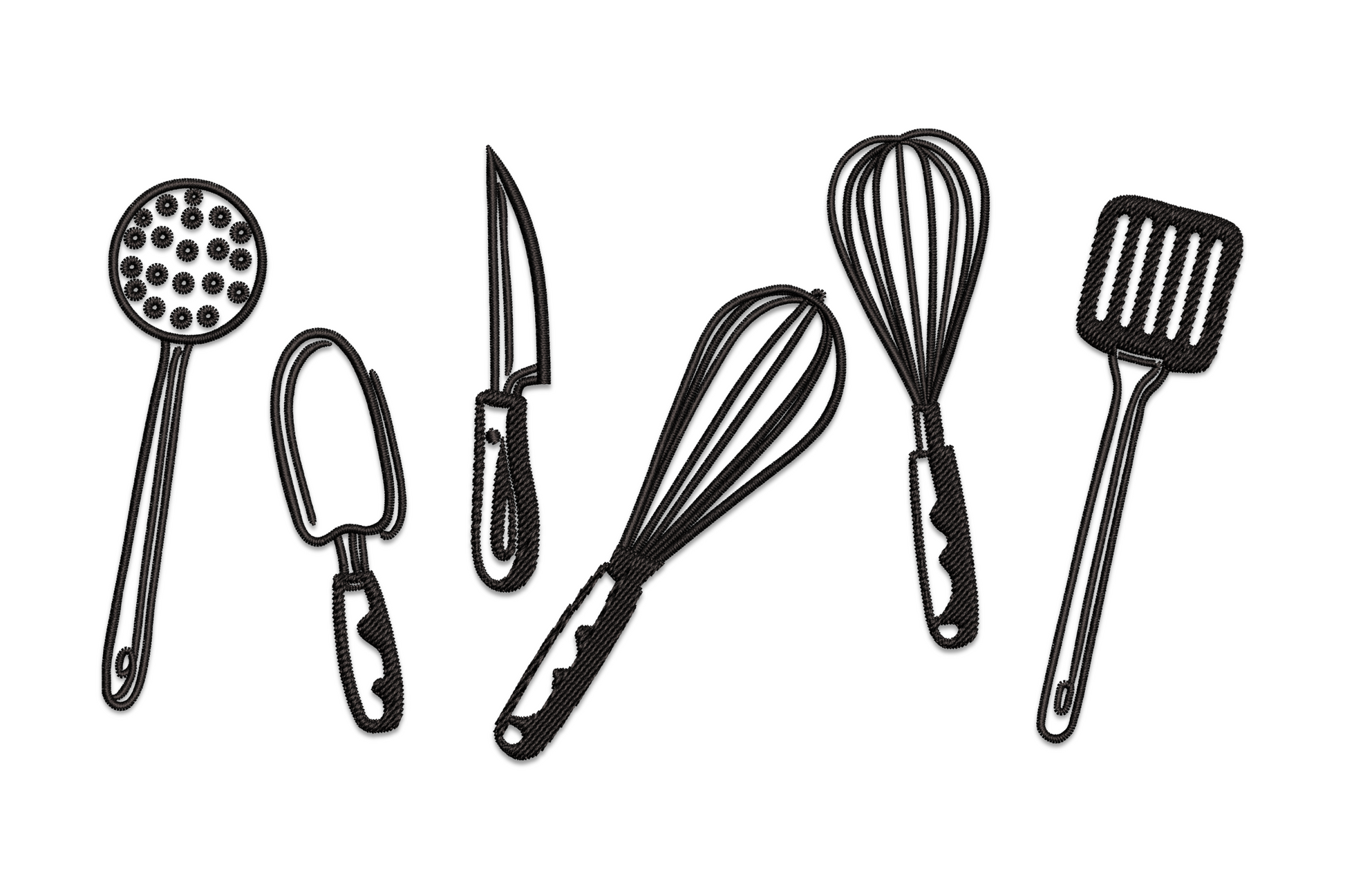 Row of five kitchen utensils sketched in black outline, slotted spoon, peeler, chef knife, balloon whisk and slotted spatula fanning from centre
