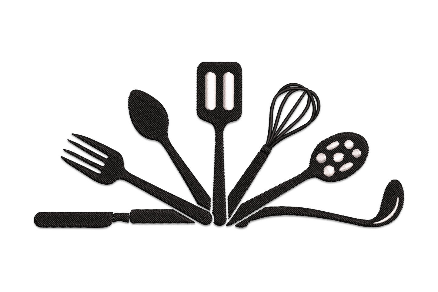 Kitchen utensils silhouette embroidery, spatula whisk ladle spoon row, 2 colours, 5 sizes from 3.50 to 7.50 inches wide