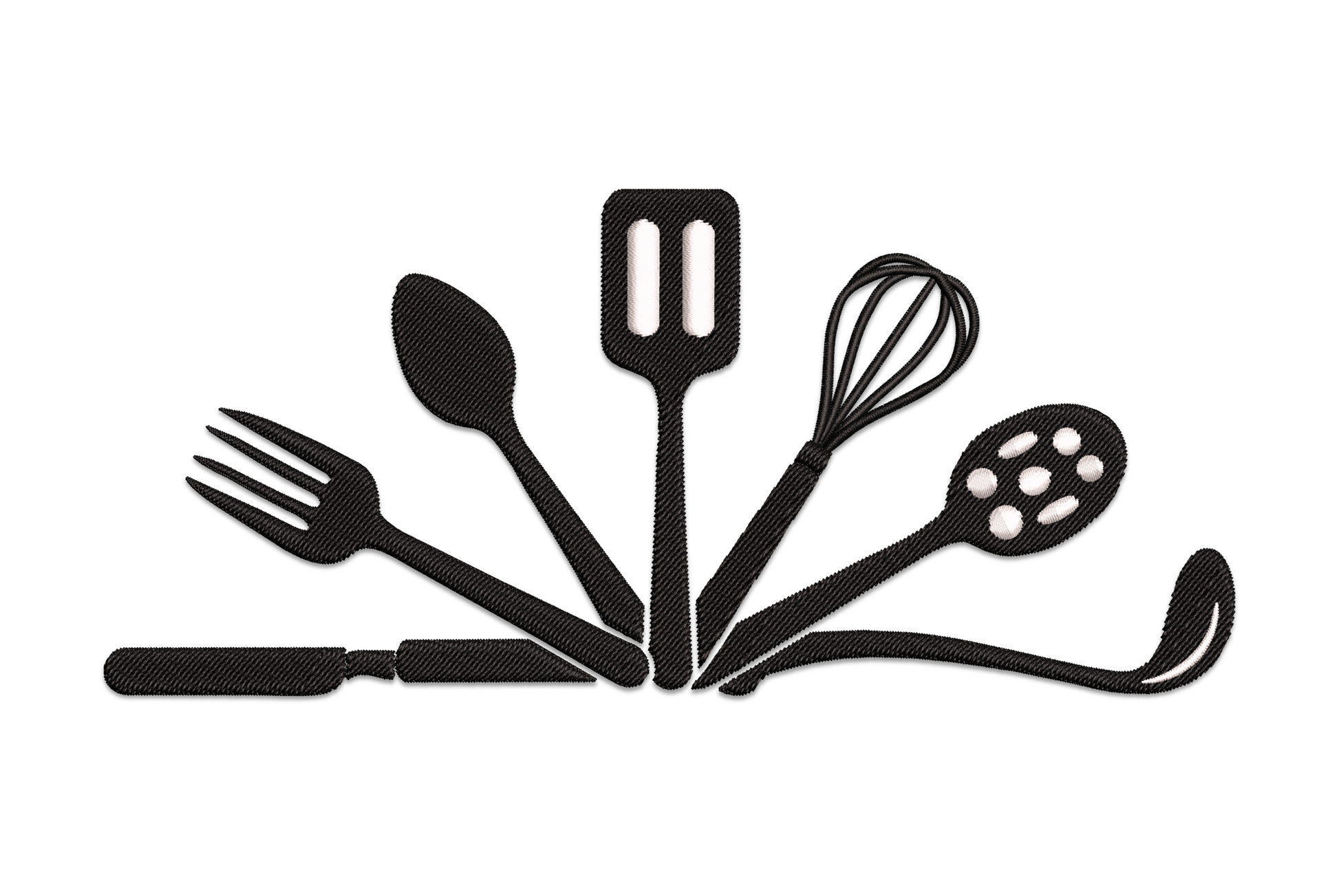 Kitchen utensils silhouette embroidery, spatula whisk ladle spoon row, 2 colours, 5 sizes from 3.50 to 7.50 inches wide