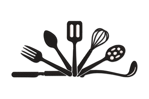 Kitchen utensils silhouette embroidery, spatula whisk ladle spoon row, 2 colours, 5 sizes from 3.50 to 7.50 inches wide