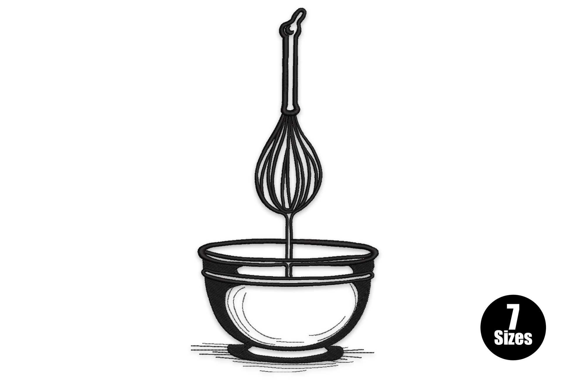 Kitchen whisk and mixing bowl embroidery design in detailed black engraving line art style with hatching and shading.