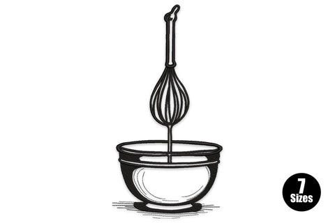 Kitchen whisk and mixing bowl embroidery design in detailed black engraving line art style with hatching and shading.