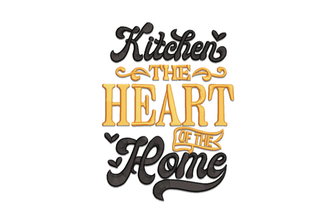 Kitchen the Heart of the Home embroidery in black and pumpkin orange with brush Kitchen, bold Heart serif, bracket banners, and script Home.