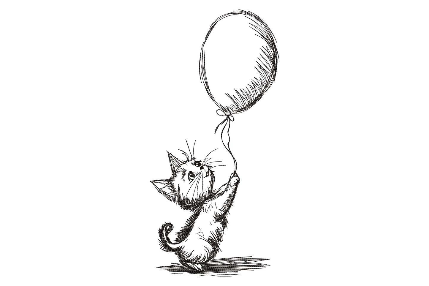 Sketch embroidery of a kitten standing on hind legs holding a balloon string, single-colour black hatched pencil-line art.