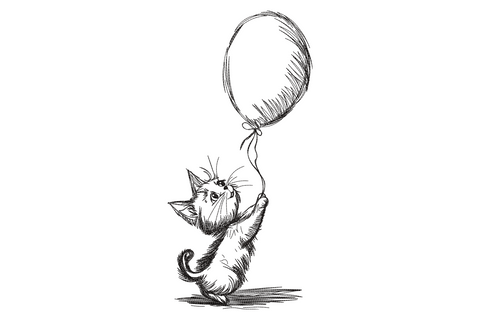 Sketch embroidery of a kitten standing on hind legs holding a balloon string, single-colour black hatched pencil-line art.