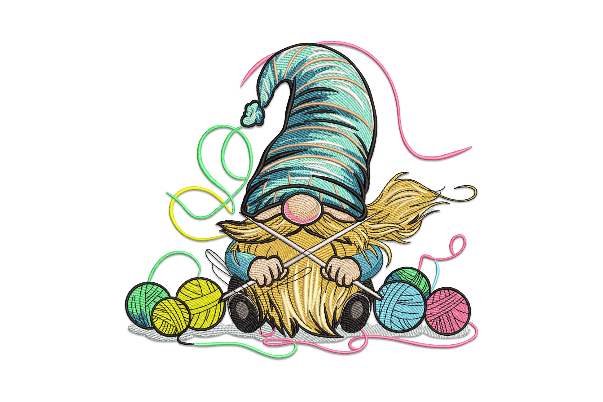 Knitting gnome embroidery design showing a round gnome with pointy hat, bushy beard and knitting needles in warm earthy thread colours on cream canvas