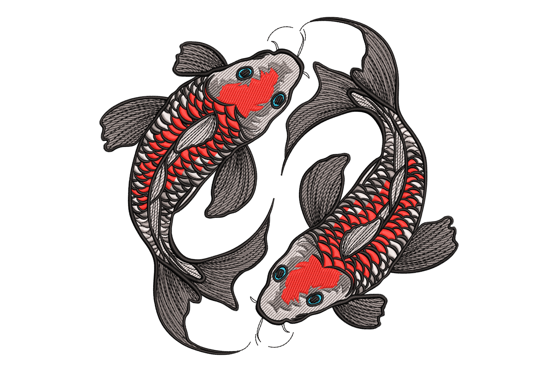 Embroidery design of two koi fish swimming in a circular yin-yang formation with detailed overlapping black, white and grey scales, bold red head patch markings, fine fan tails and small teal eye dots.