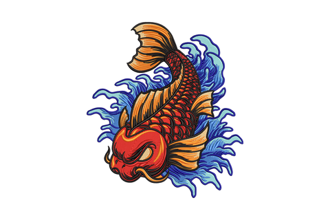 Japanese koi fish leaping with water splash, orange and cobalt blue scales, woodblock-style embroidery on dark background.