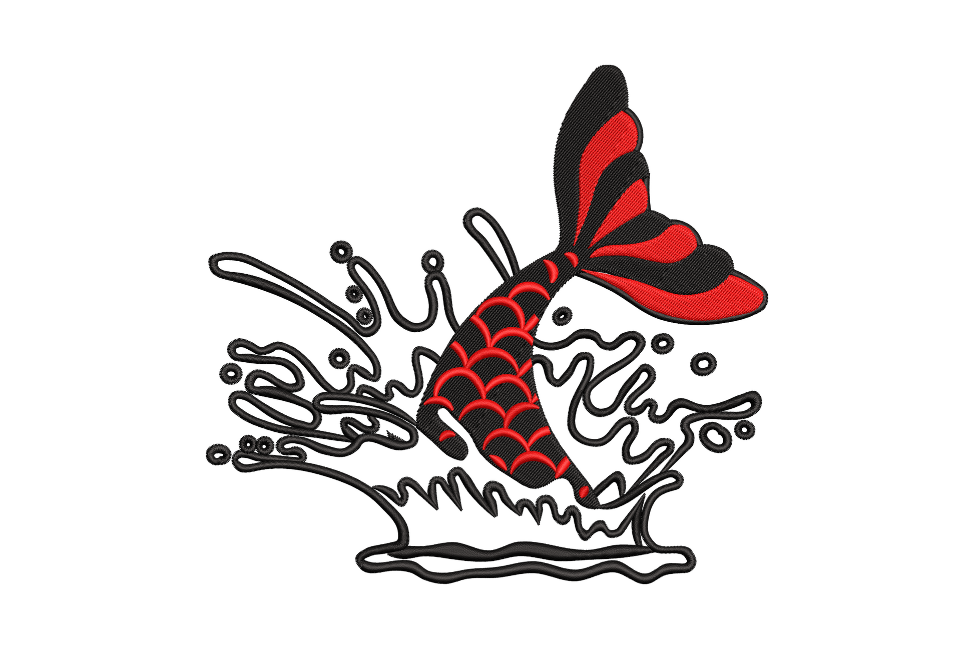 Japanese style koi fish leaping from a water splash machine embroidery design in black and red, detailed scale pattern, shown on white background