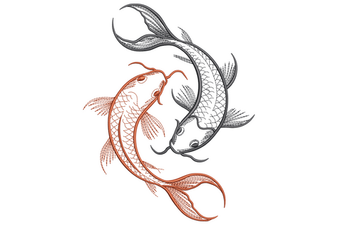Two koi fish in yin yang formation, one terracotta-rust, one charcoal grey, fine scale-hatching line art, no fills.