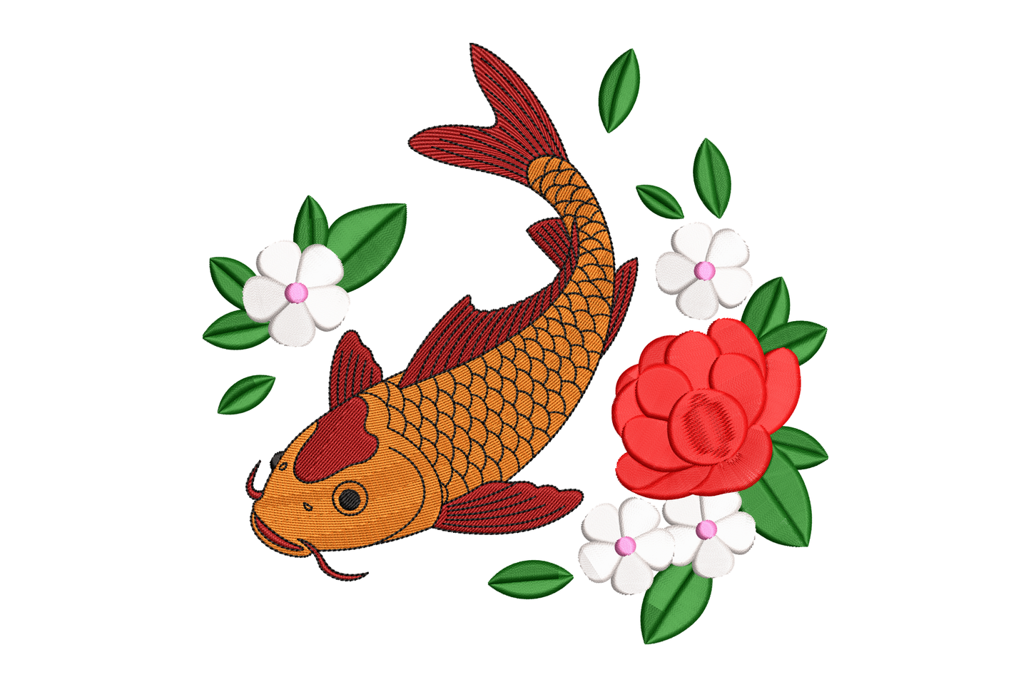 Decorative design of a koi fish with flowers and leaves embroidery design