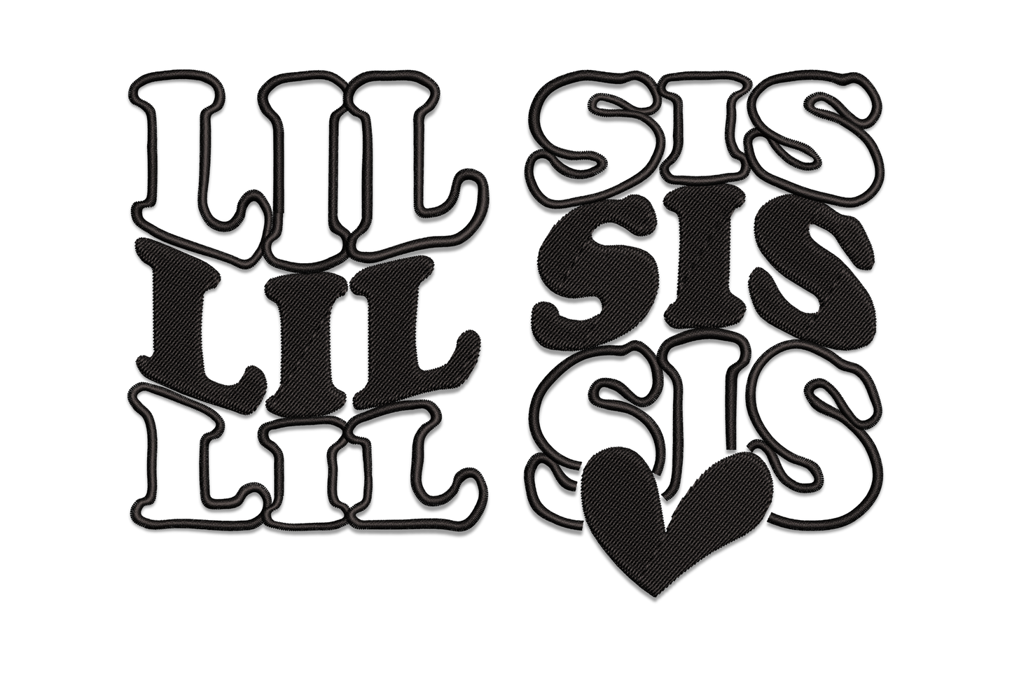 Retro bubble-letter LIL SIS two-column stacked word art with heart embroidery design