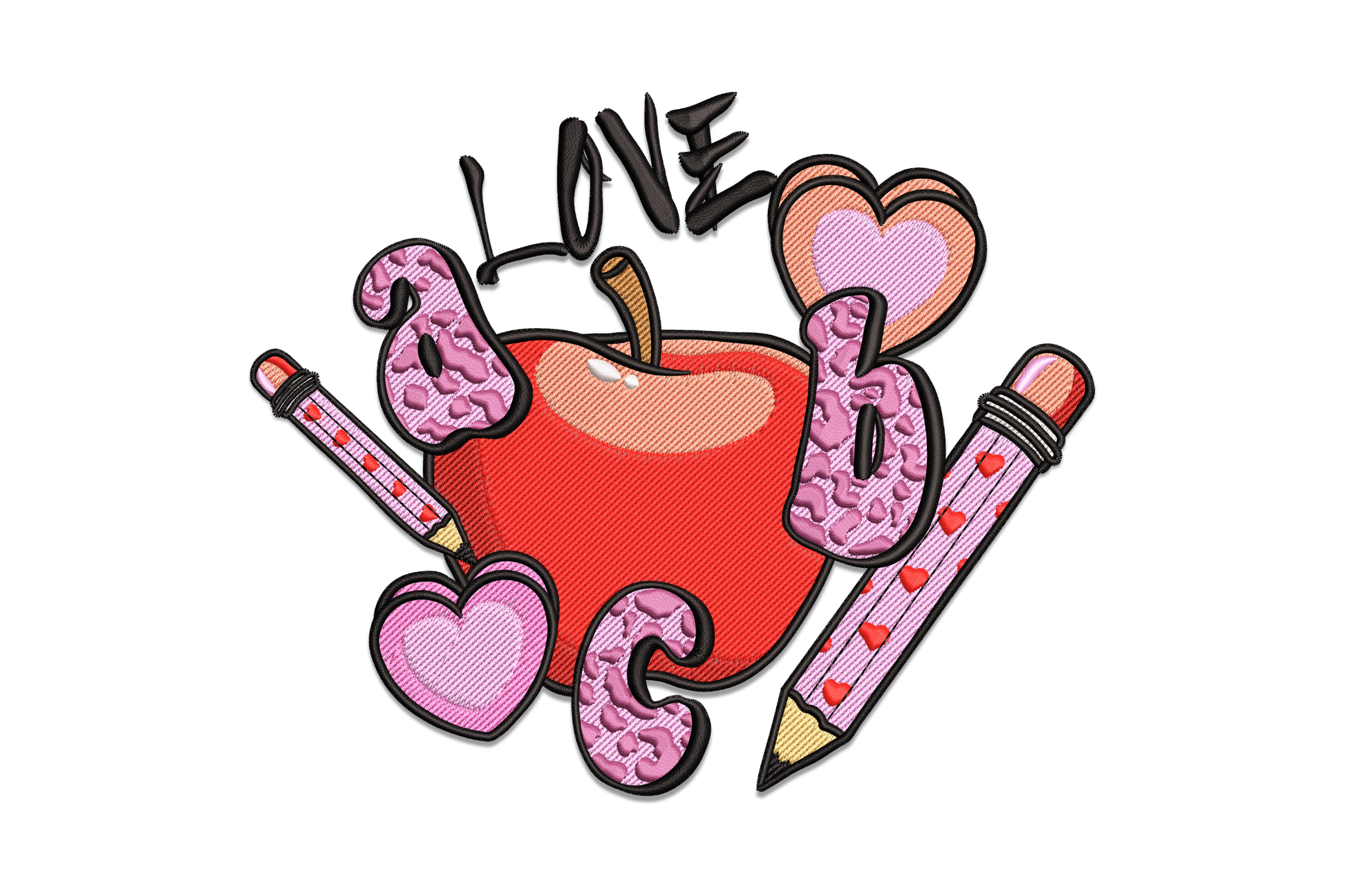 Machine embroidery design with LOVE ABC text, red apple, pink bubble letters, hearts and pencils in a playful cluster layout