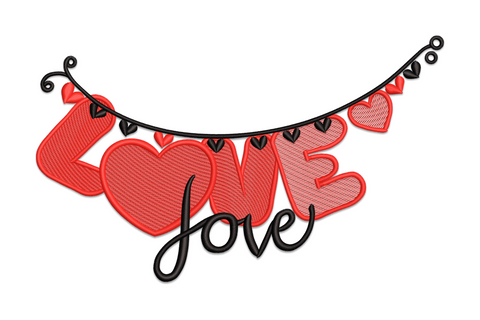 Valentine banner embroidery with large LOVE letters hanging from a swag string with dangling hearts and cursive love below