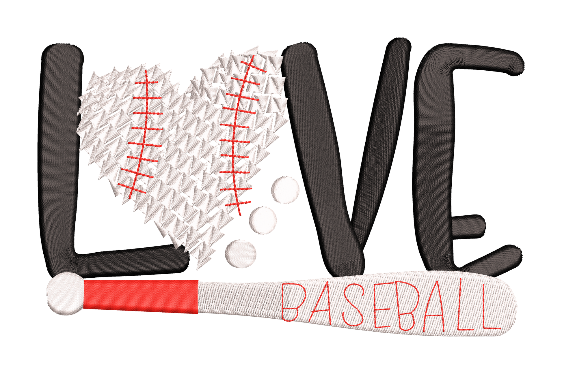 LOVE baseball embroidery design with black block letters, white baseball as the O with red seams, and outline BASEBALL text below.