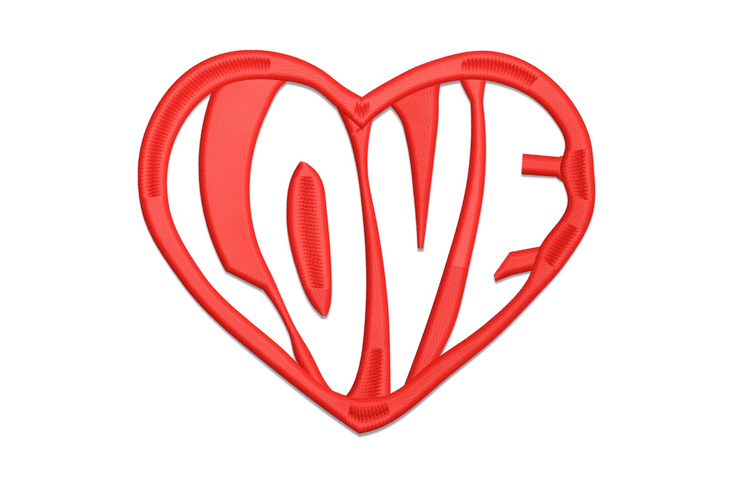 LOVE heart monogram embroidery design, red satin heart with LOVE lettered inside as negative space, single colour valentine machine embroidery.