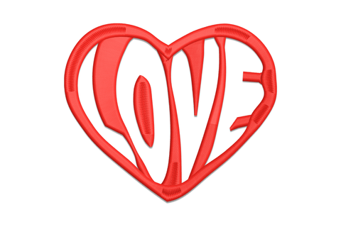 LOVE heart monogram embroidery design, red satin heart with LOVE lettered inside as negative space, single colour valentine machine embroidery.
