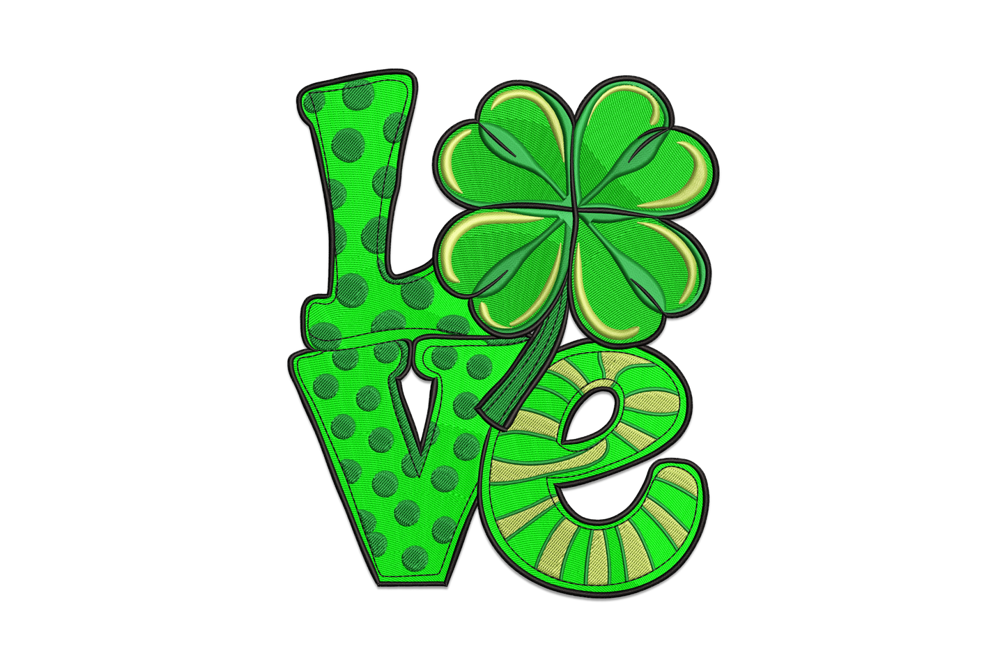 LOVE shamrock embroidery design with bold capital letters and a detailed 3-leaf clover in kelly green, forest green, gold, white and black.