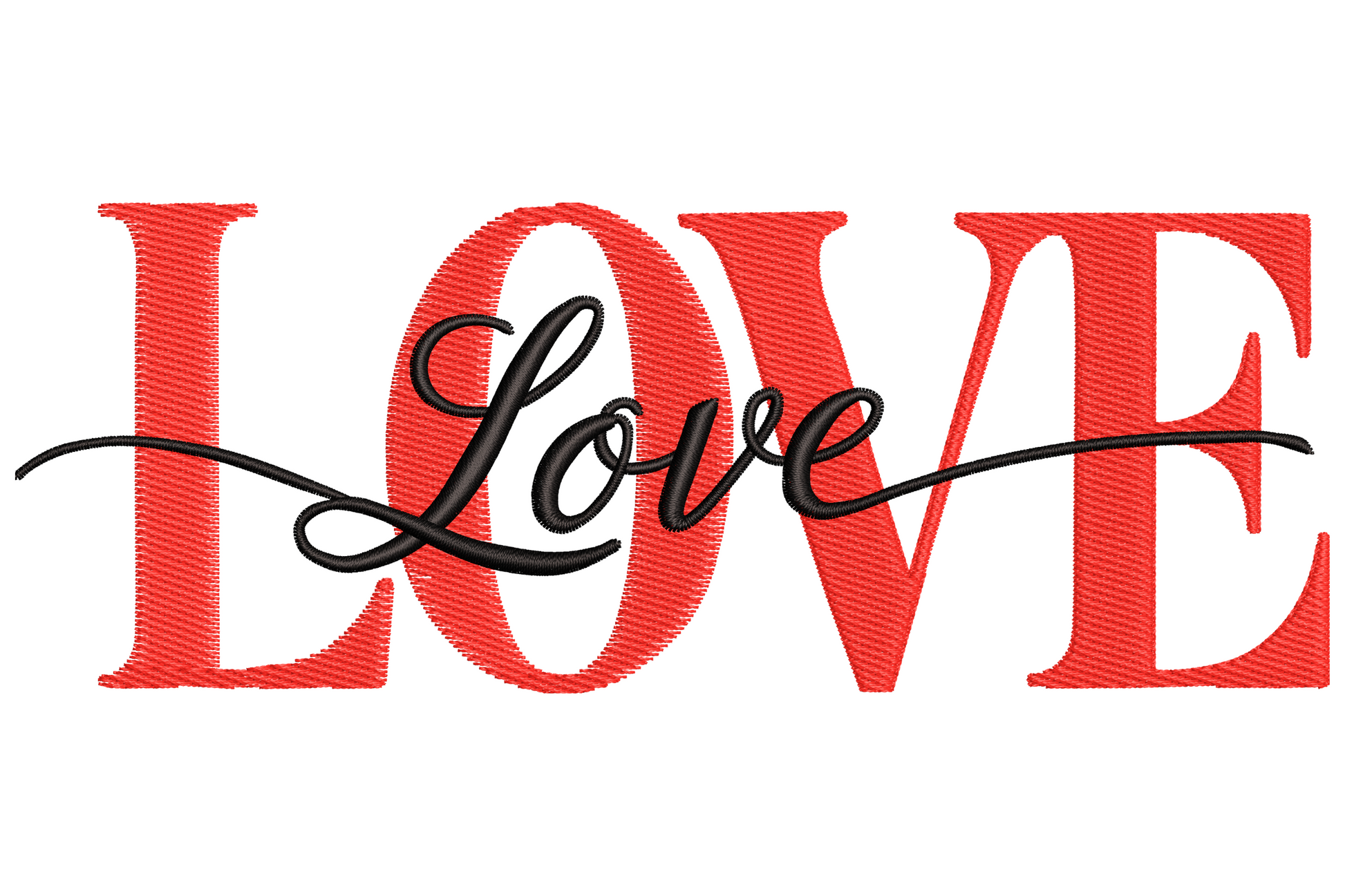 LOVE word with cursive script overlay in red and black valentine embroidery