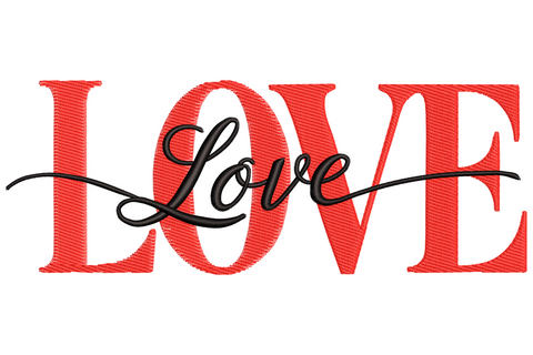 LOVE word with cursive script overlay in red and black valentine embroidery