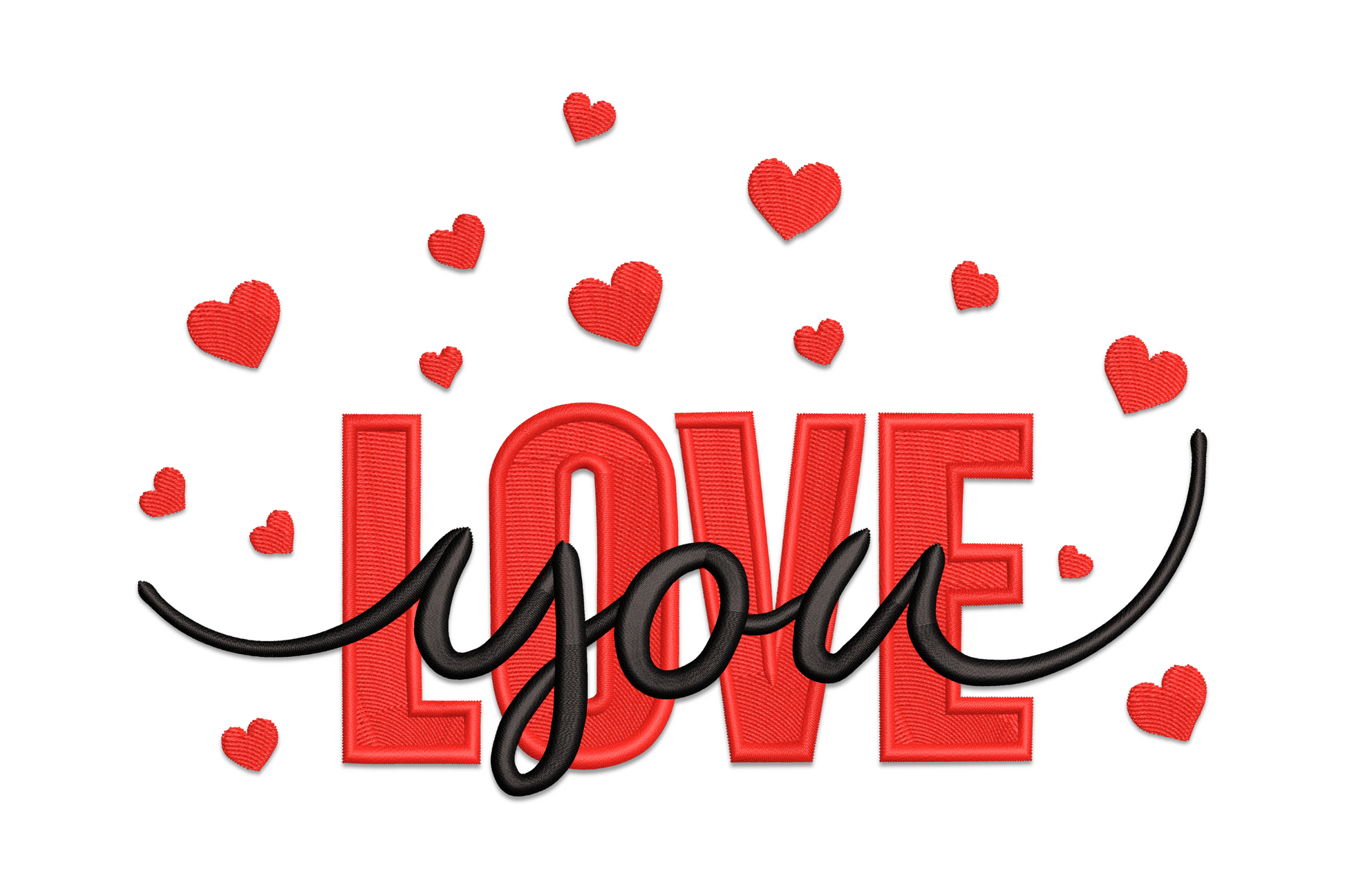 Embroidery design with bold red LOVE block letters and black cursive 'you' underneath, scattered mini hearts around the text