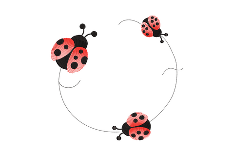 Ladybug circle flight embroidery design, three red and black ladybugs in curved arc, machine embroidery pattern