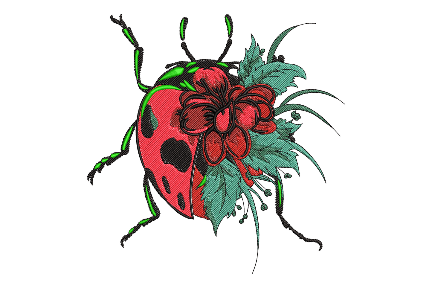 Ladybug floral embroidery with a deep red body, bright green legs, dark crimson flower and teal-green botanical leaves.