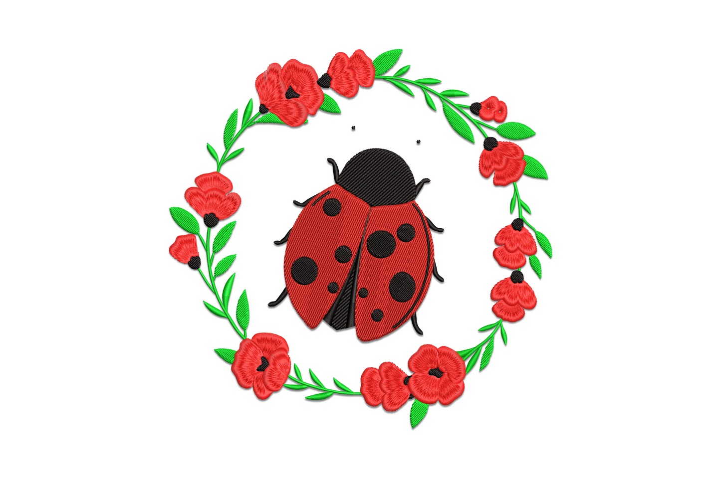Ladybug floral wreath embroidery design, four-colour circular wreath with ladybug, flowers and leaves, spring garden style
