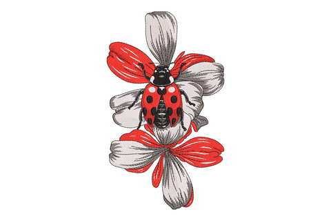 Ladybug on a flower embroidery, red and black spotted bug centred on pale grey outer petals with red inner petals.