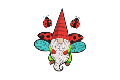 Ladybug gnome embroidery design with round red hat and spring blooms, 9 colours, 5 sizes 3.5 to 7.5 inches