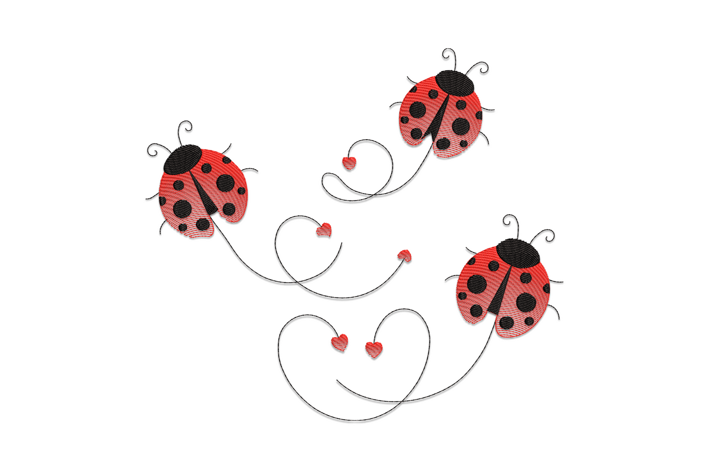 Ladybug heart trail embroidery, three red ladybugs on swirling paths forming hearts with tiny red hearts.