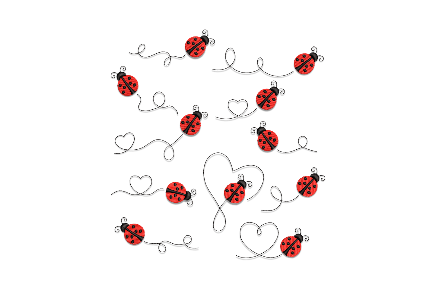 Ladybug line art heart trail embroidery with scattered red ladybugs, curling black vines and open heart outlines