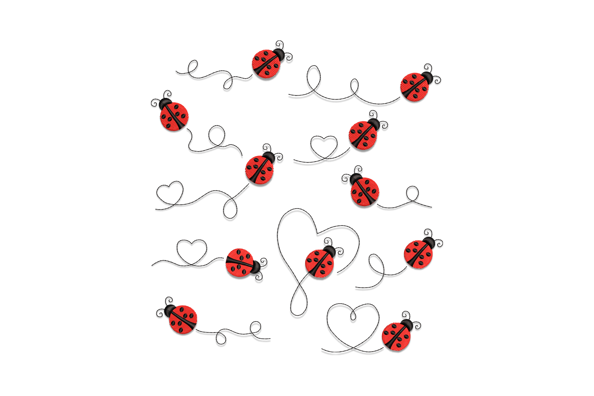 Ladybug line art heart trail embroidery with scattered red ladybugs, curling black vines and open heart outlines