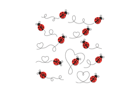 Ladybug line art heart trail embroidery with scattered red ladybugs, curling black vines and open heart outlines