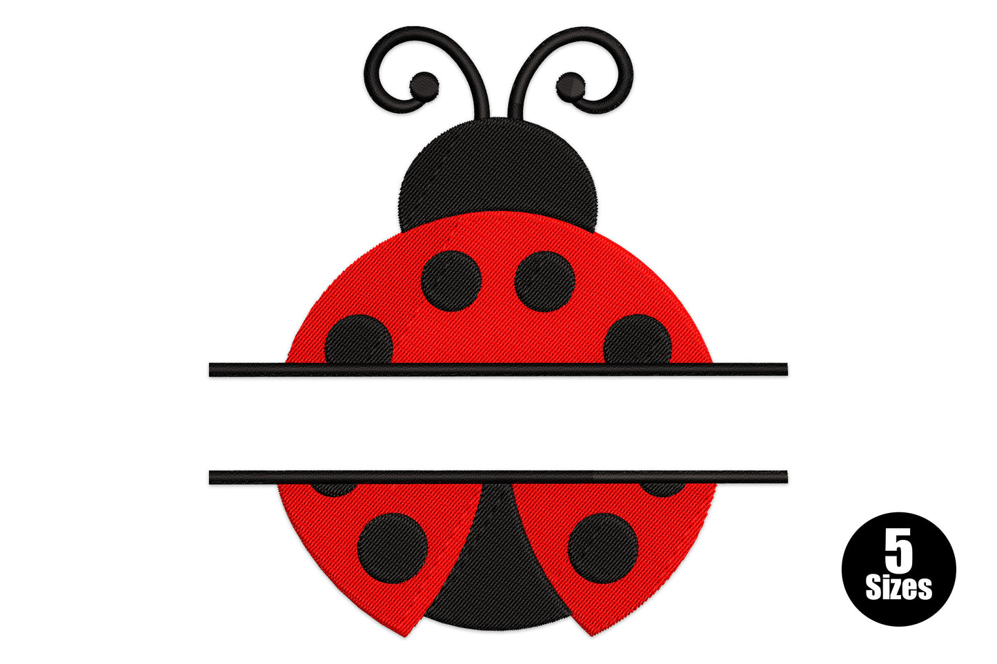 Ladybug split monogram machine embroidery design showing a red and black ladybug with horizontal bar for monogram lettering