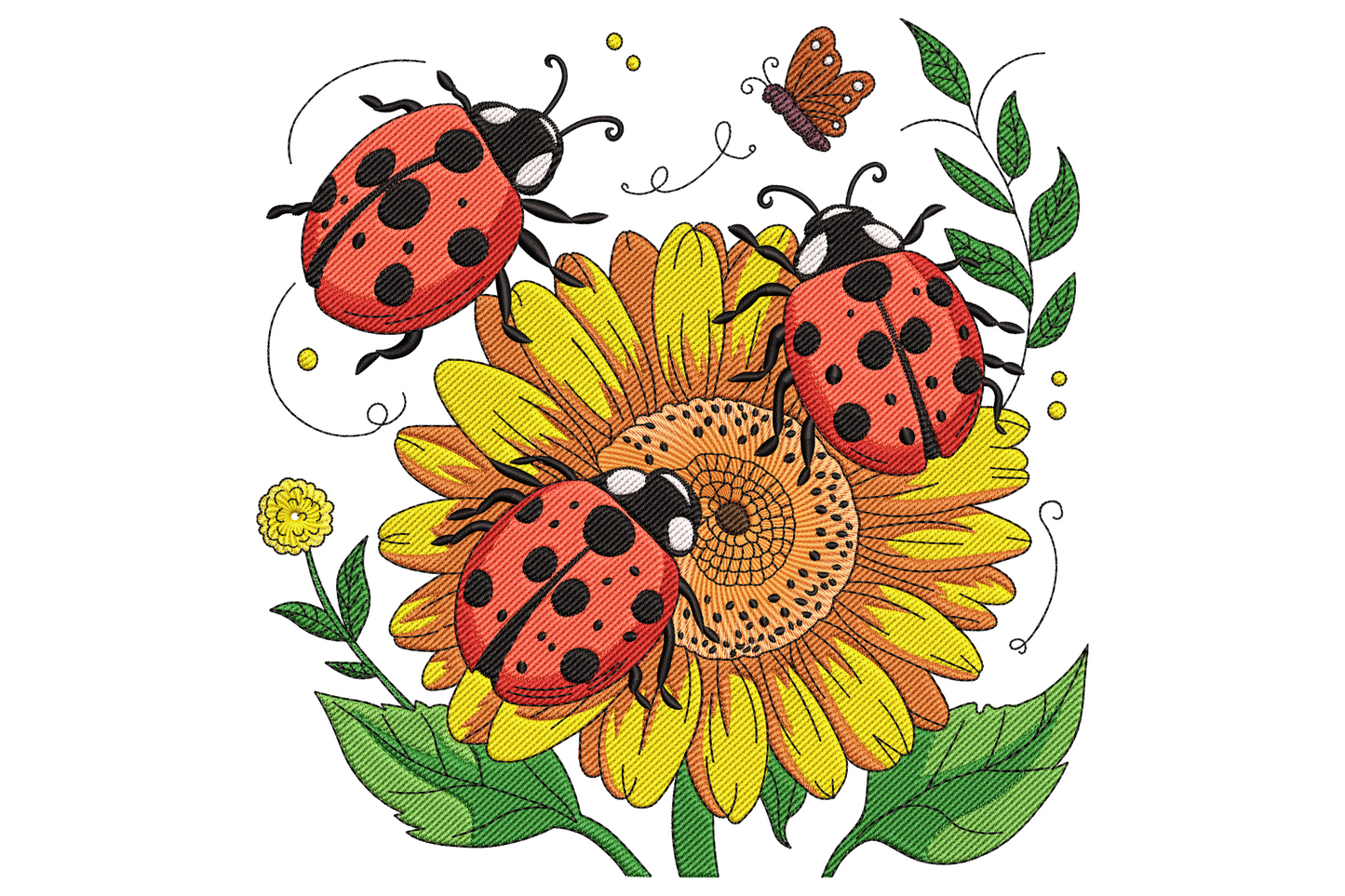 Embroidery design of three red ladybugs with black spots crawling across a golden yellow sunflower head with sage green leaves.