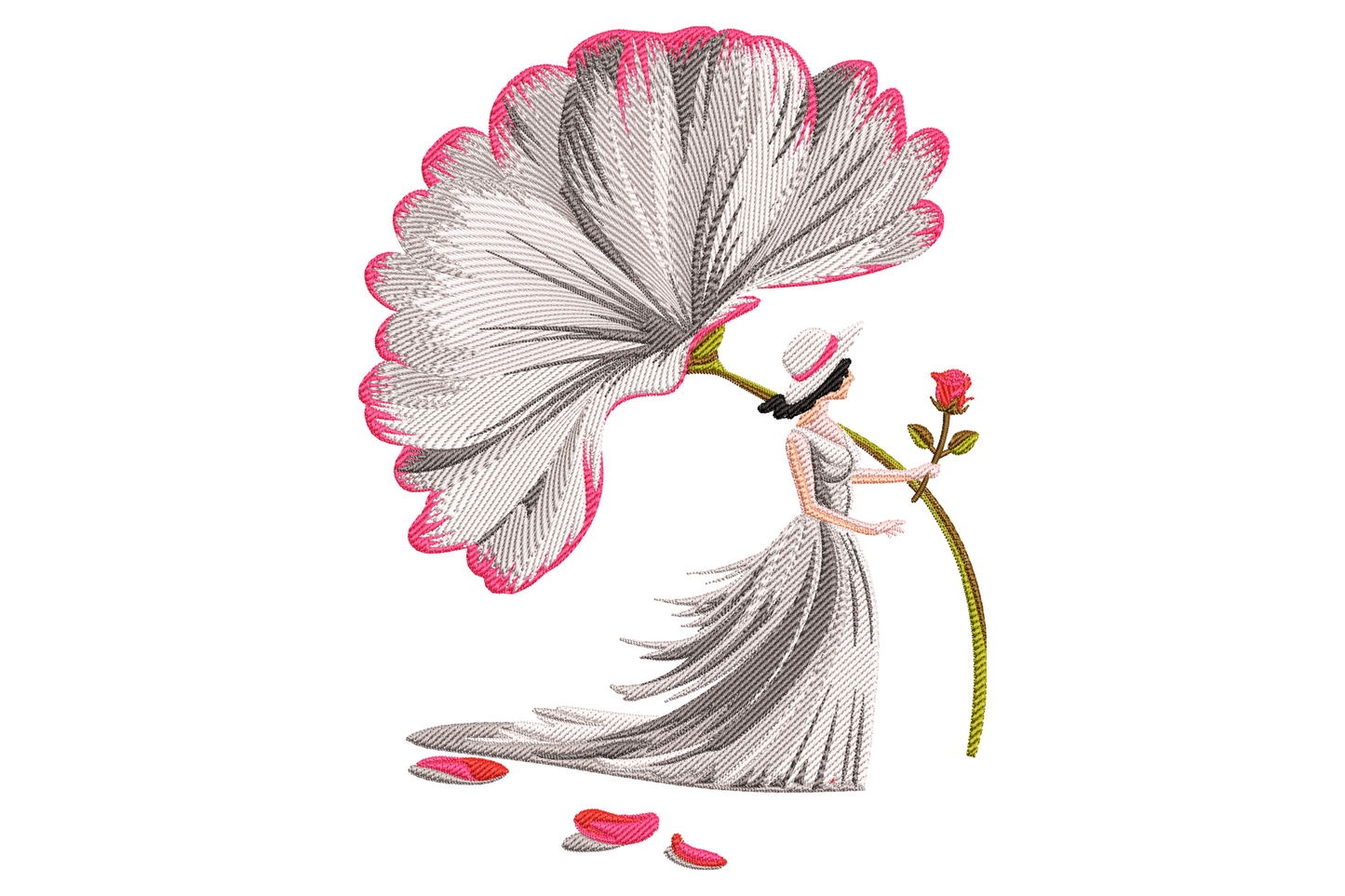 Lady with flower umbrella embroidery design, woman in flowing ivory gown holds a petal parasol and crimson rose