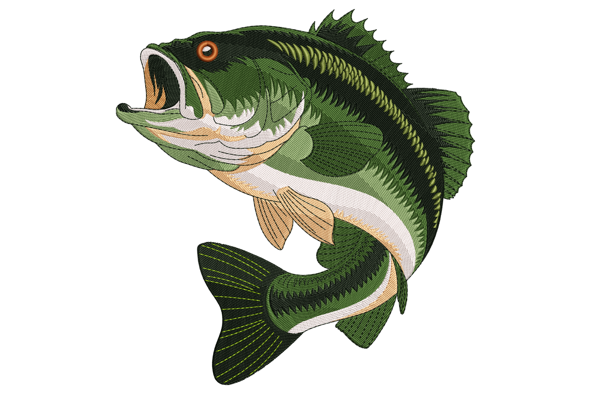 Largemouth bass fish embroidery leaping with open mouth, deep green back grading to white belly, 9-colour realistic illustration.