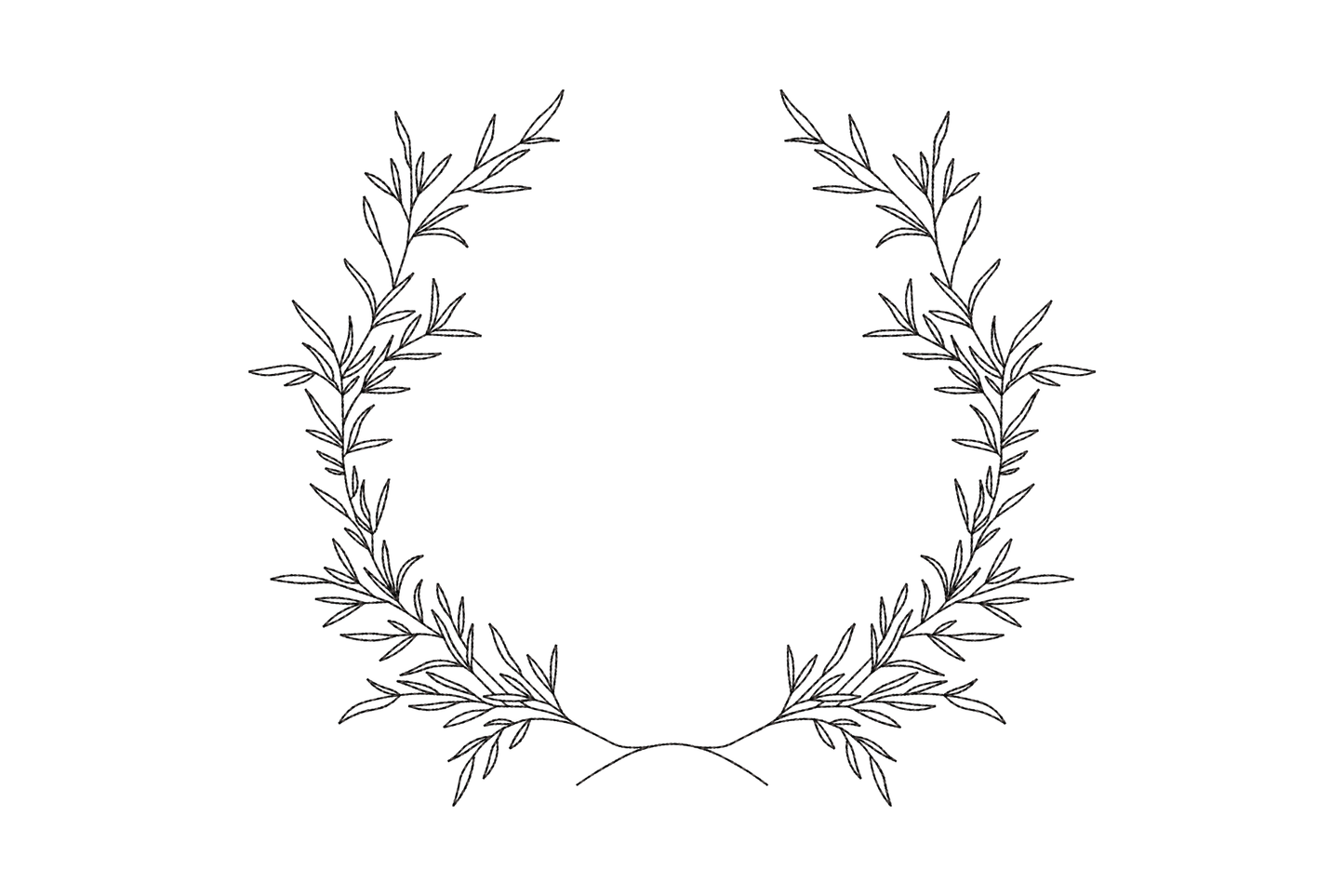 Laurel leaf wreath outline embroidery design in black run stitch with elongated olive-style leaves, open at the top and meeting at the base in a formal seal silhouette.